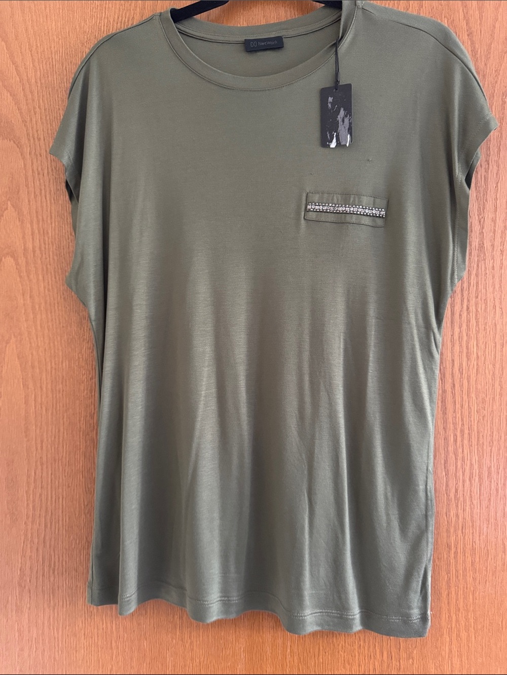 Sleeveless Olive Green Tee with Embellished Chest Detail